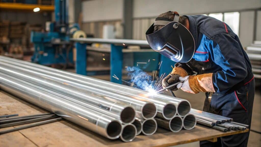 An image showing a TIG welding process on aluminum tubing, with clear sparks and a focused beam, indicating a skilled operation.